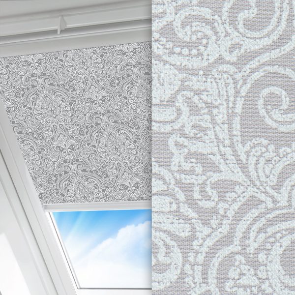 Dachfenster Rollo Barok, grau/weiss, lichtdurchlässig & blickdicht, feucht abwischbar