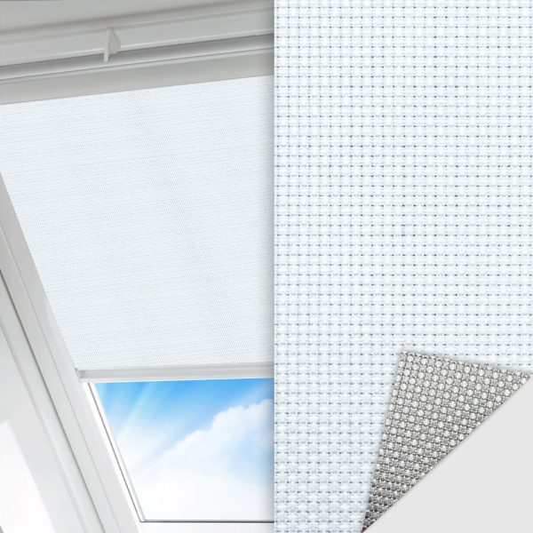 Dachfenster Rollo Techno, weiss, lichtdurchlässig & blickdicht, Rückseite Alu, schmutzabweisend, feucht abwischbar