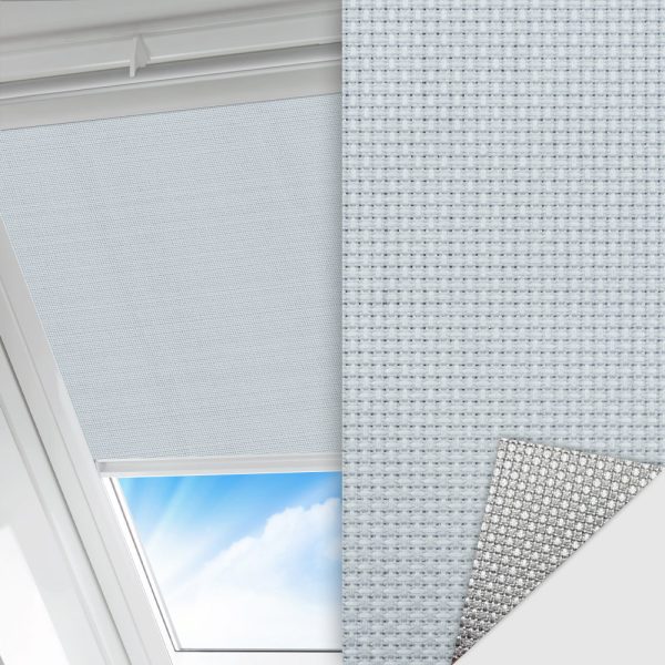 Dachfenster Rollo Techno, grau, lichtdurchlässig & blickdicht, Rückseite Alu, schmutzabweisend, feucht abwischbar