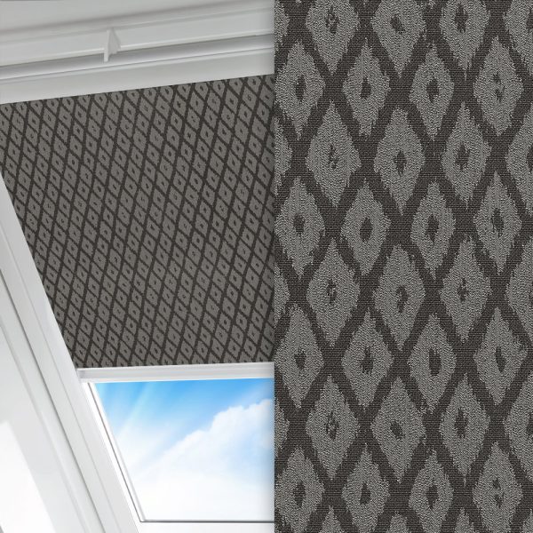 Dachfenster Rollo Dia, schwarz, komplett verdunkelnd, Rückseite farbig wie Vorderseite, feucht abwischbar, silber glänzend