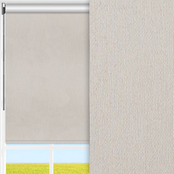 Rollo Prima Safe, hellgrau, abdunkelnd, kühlend, Rückseite Perlmutt, schmutzabweisend, feucht abwischbar