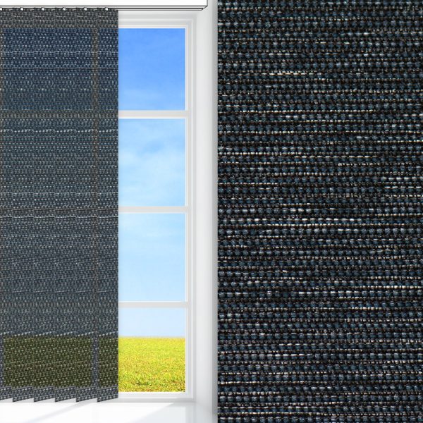 Lamellenvorhang / Vertikalanlage Fina, dunkelblau, transparent, feucht abwischbar, silber glänzend